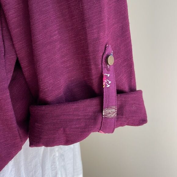 NWT St. John’s Bay Purple long roll up sleeve Flowers  women’s large  ST 11 - Picture 4 of 9
